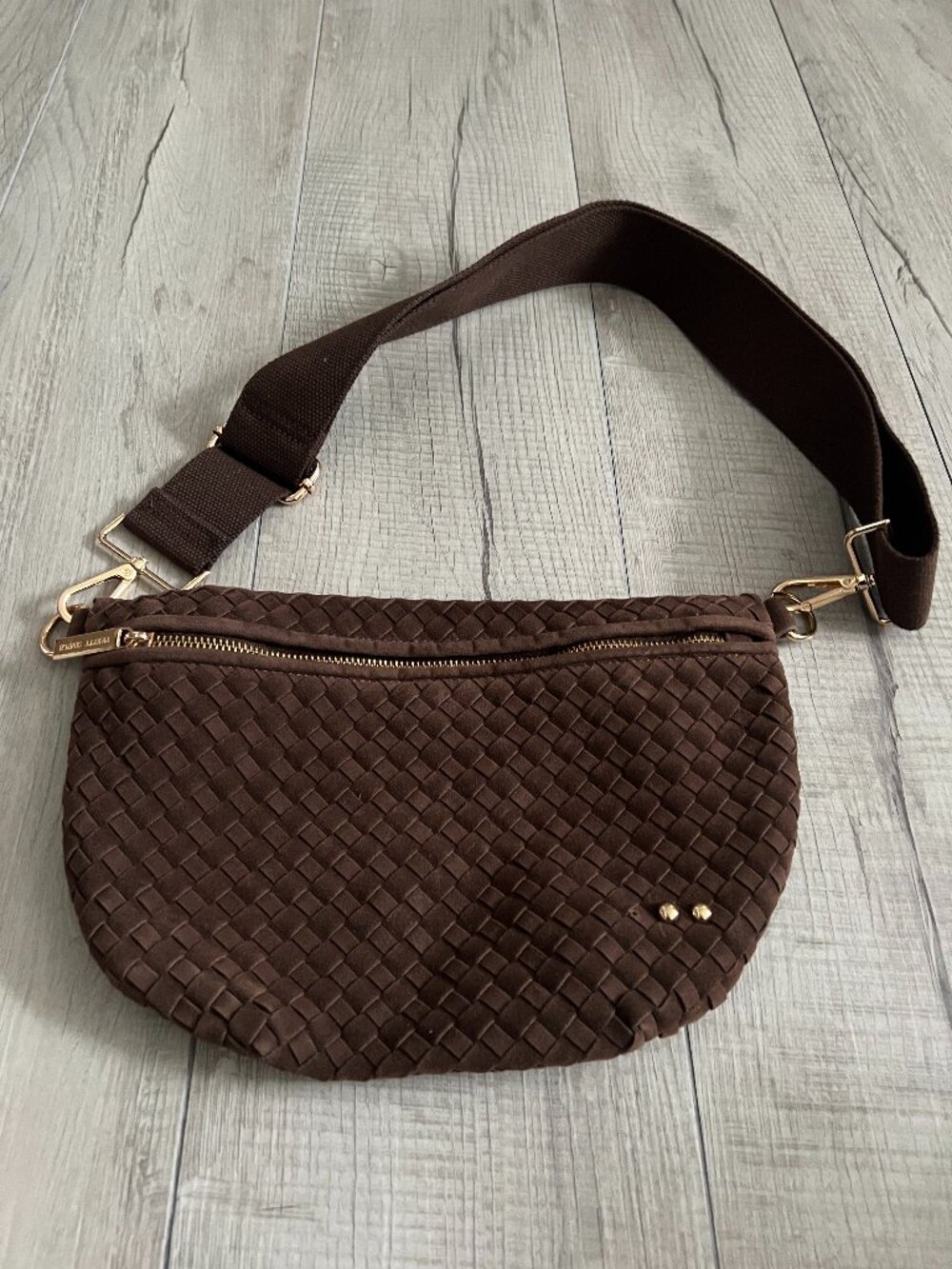 Pretty Simple Westlyn Woven Suede Crossbody Bum Bag Brown Gold Hardwar